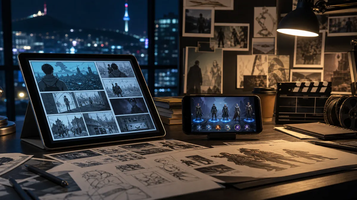 Editorial image showing Korean film IP expanding into webtoons and mobile games